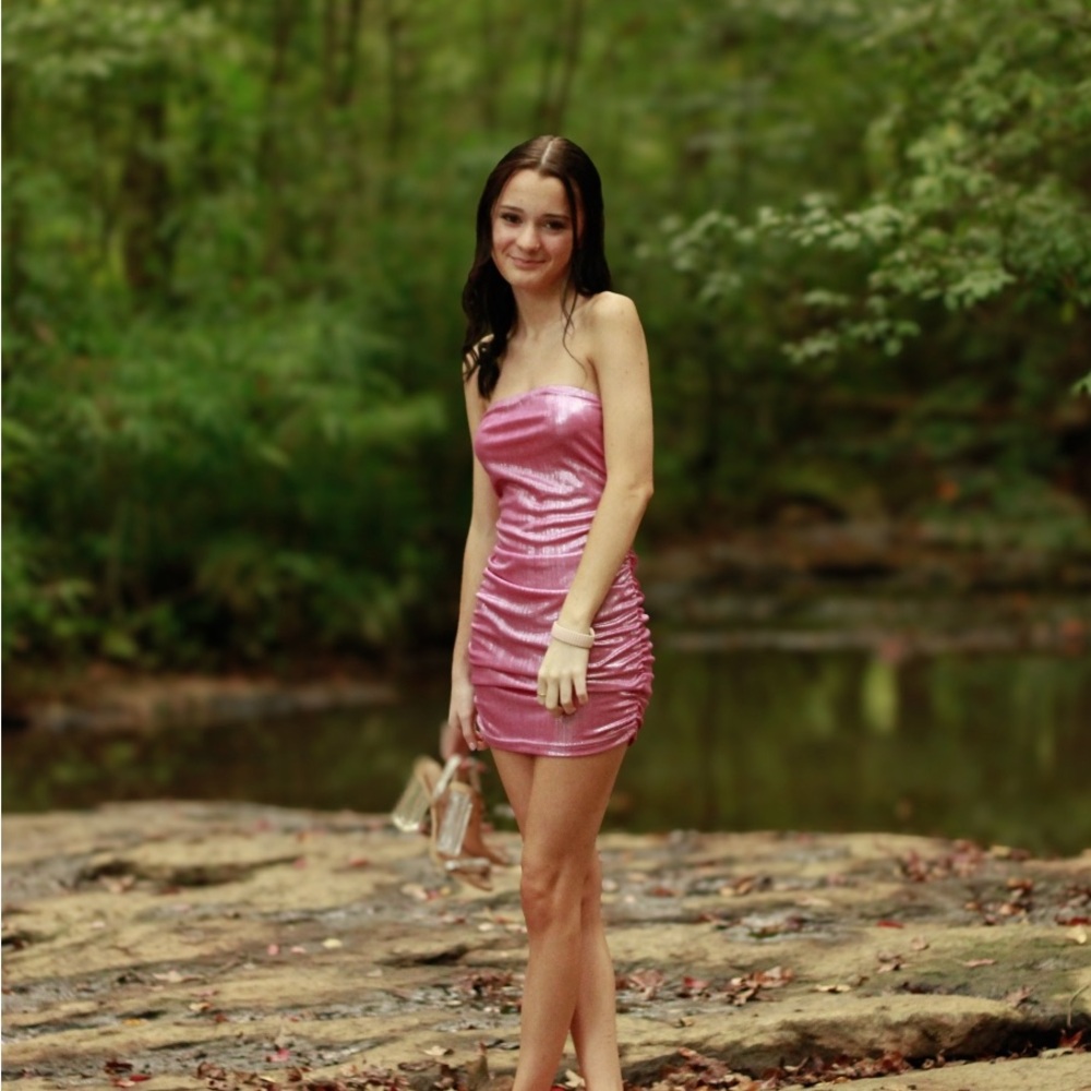SHEIN Shimmering Pink Strapless Mini Dress